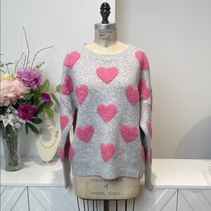 NWT Oversized Gray Sweater with Puff Pink Hearts Girly Valentines Day Vibes